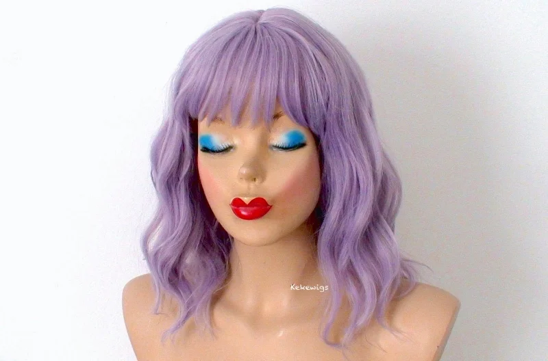 Adjustable - cap colored wig for a comfortable fit16" Pastel Smoky Lavender Short Wavy Hair with Bangs Wig.