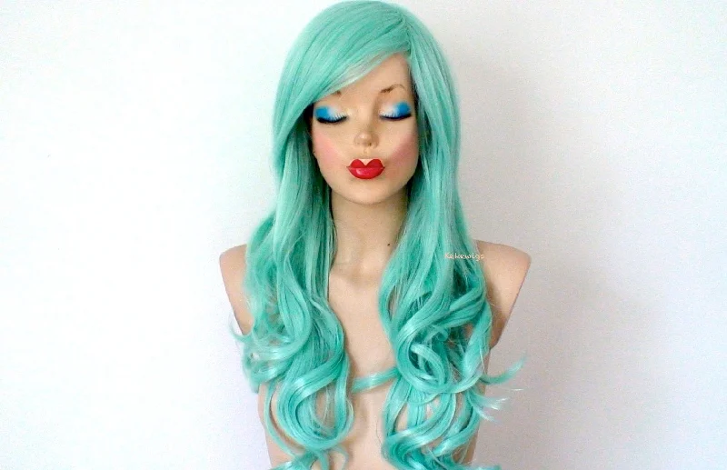 Colored wig with a pre - plucked hairline for a more natural look26" Pastel Mint Long Curly Hair Long Side Bangs Wig