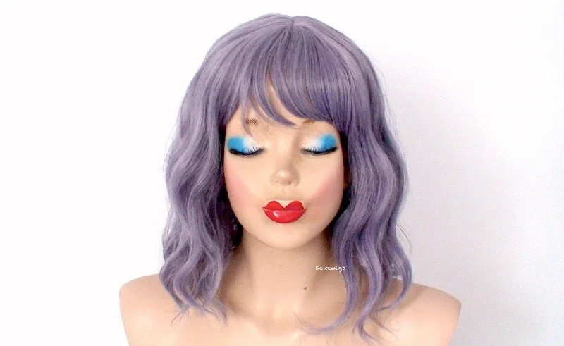 Colored wig with a wispy fringe for a soft and feminine look16"  Mother of Pearl Gray Short Wavy Hair with Bangs Wig