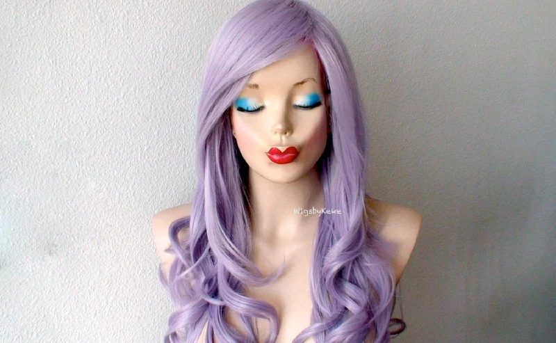 Human - hair colored wig for a natural and luxurious feel26" Pastel Lavender Long Curly Hair Long Side Bangs Wig