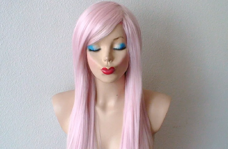 Colored wig with a pre - plucked hairline for a more natural look28" Pastel Pink Long Straight Layered Hair Long Side Bangs Wig