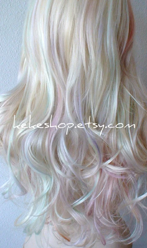 Colored wig with a wavy texture for a beachy and fun look24" Hand-Dyed Pastel Rainbow colored Long Curly Hair with Bangs Wig