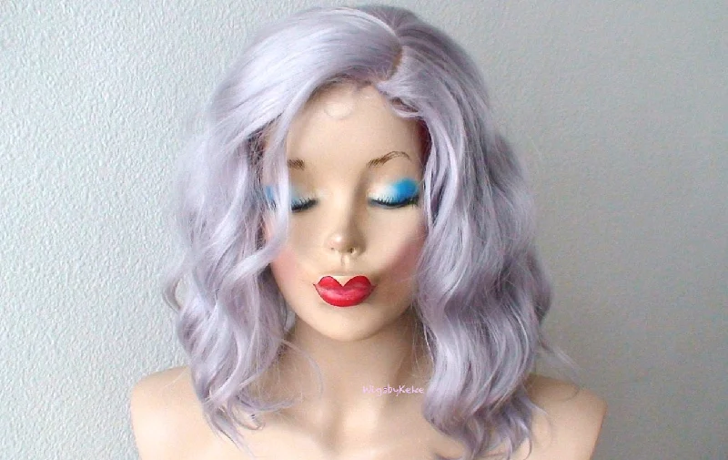 Colored wig in a vibrant pink color for a bold and eye - catching look16" Pastel Lavender Gray Short Wavy Hairstyle Wig