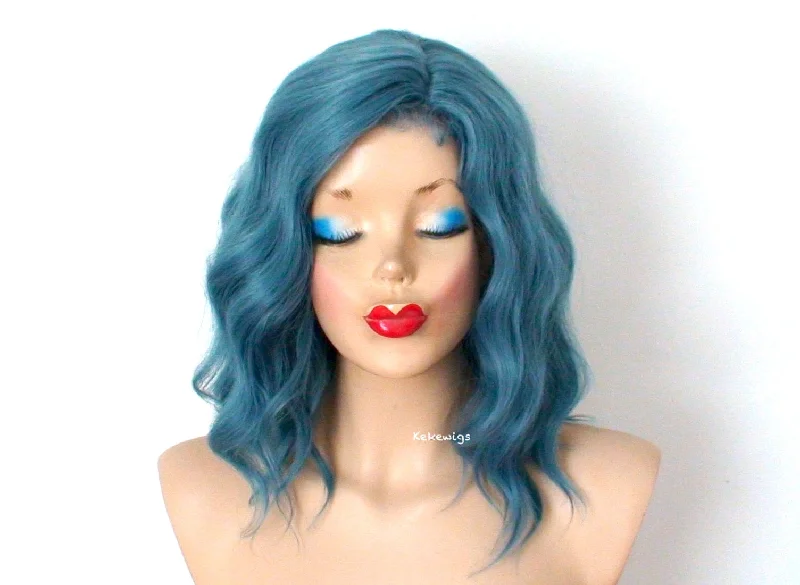 Colored wig with a wispy fringe for a soft and feminine look16" Pastel Dark Teal Blue Short Wavy Hairstyle Wig