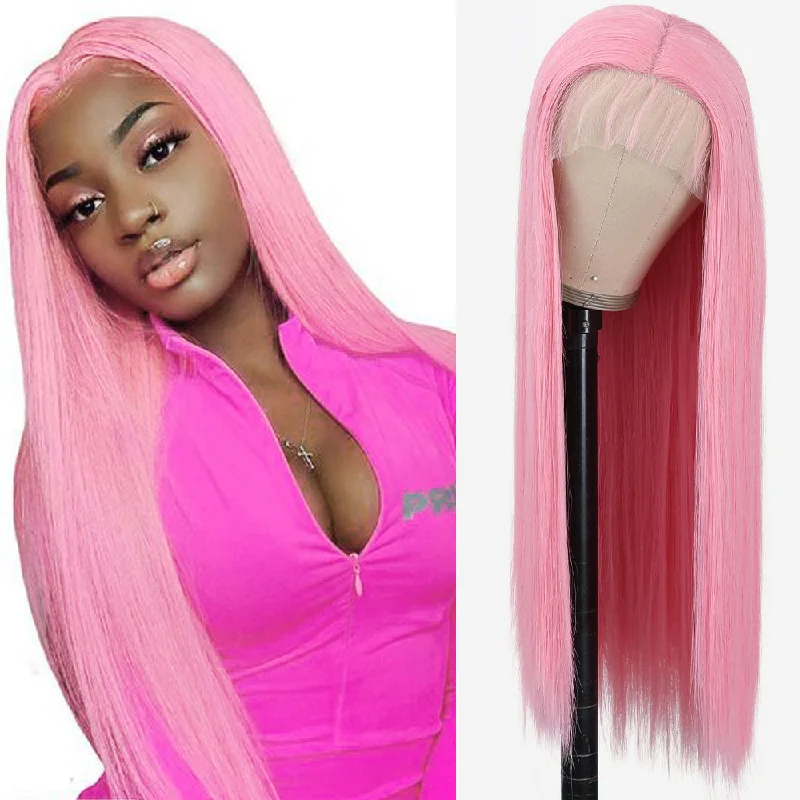 Synthetic colored wig with a heat - resistant formula for easy stylingPink Straight Lace Front Wigs Pre-plucked 13x4 Lace Wig 100% Human Hair Glueless Barbie Hair Style Wig