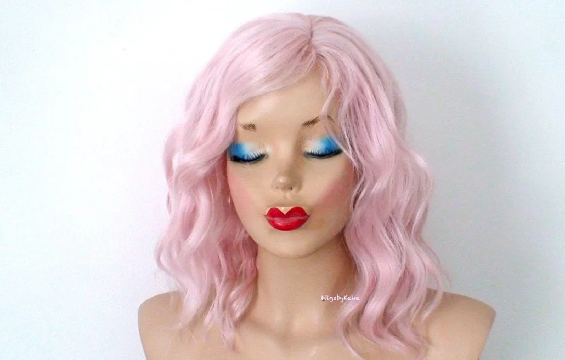 Colored wig with a natural - looking root for a more realistic look16" Pastel Pink Short Wavy Hair with Side Bangs Wig