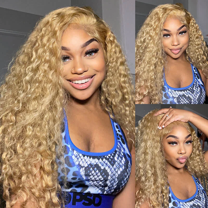 Colored wig with a red - orange hue for a warm and energetic look#27 Colored Pre Plucked Water Wave Lace Wig Honey Blonde Human Hair Wigs