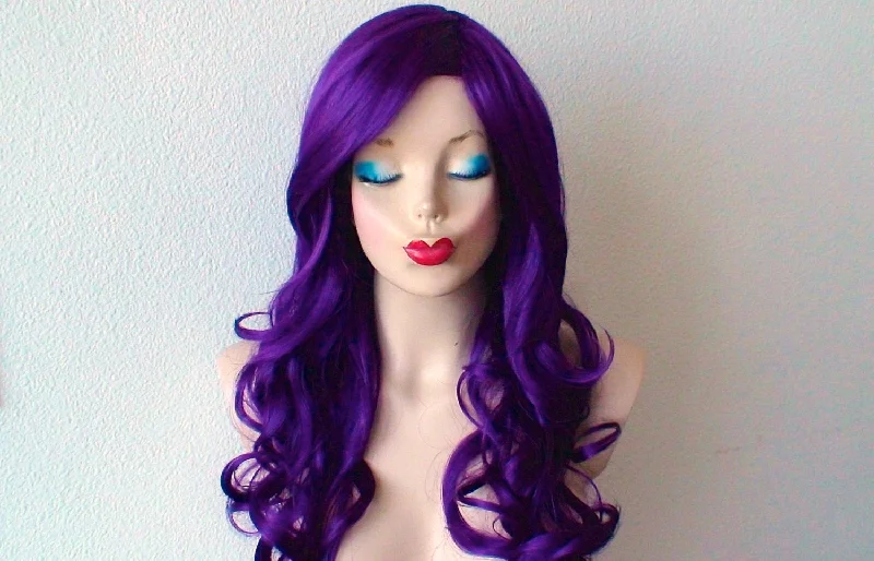 Colored wig with a straight texture for a sleek and minimalist look26" Purple Long Curly Hair Long Side Bangs Wig