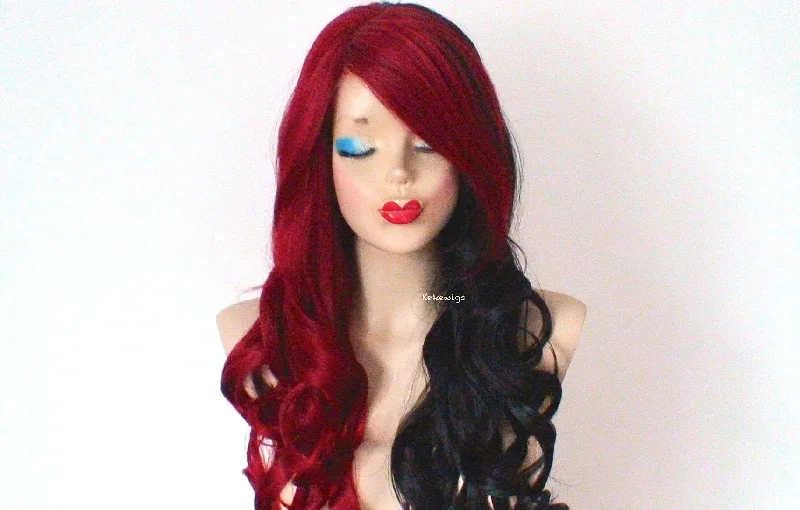 Colored wig with a natural - looking root for a more realistic look28" Red Black Side by Side Long Curly Hair Long Side Bangs Wig