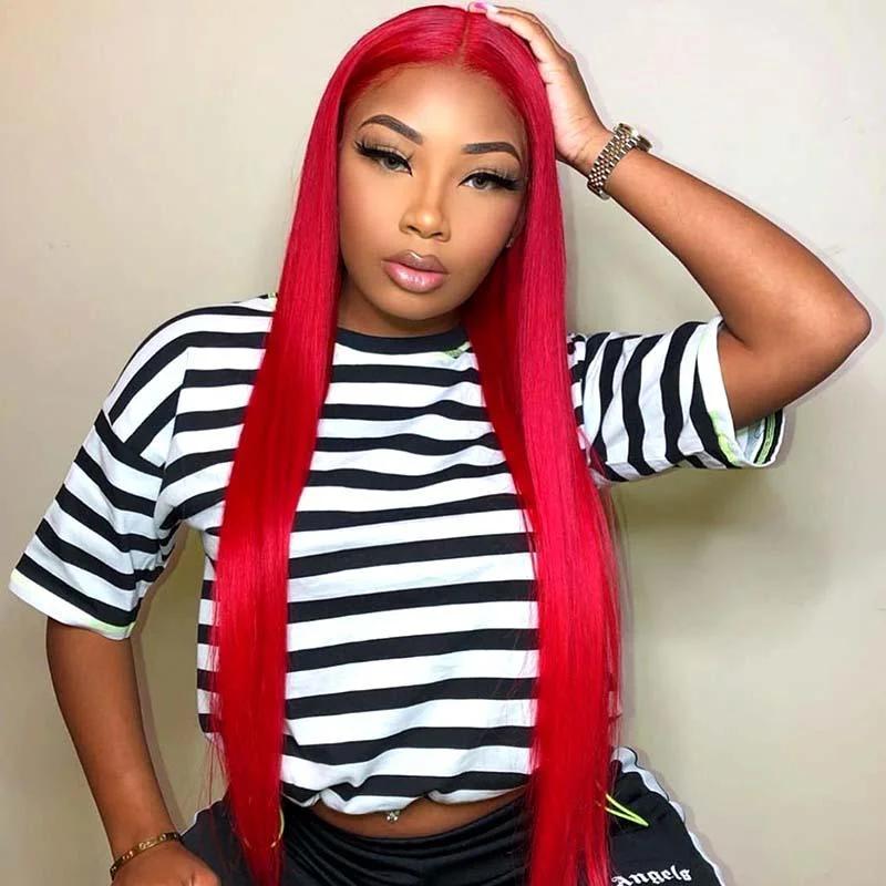 Colored wig with a pre - bleached knot for a natural - looking scalpNew #RED Color 13x4 Lace Frontal Wig Straight Human Hair Surprisehair