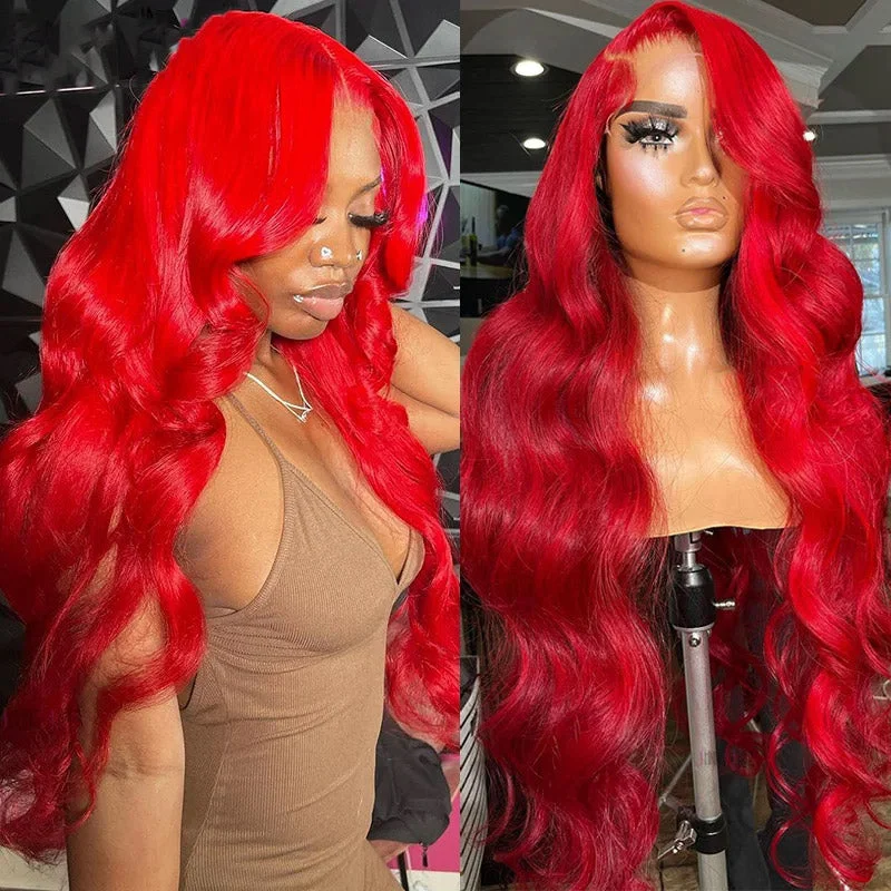 Colored wig with a side - swept bang for a sophisticated lookRed Colored Body Wave Wig 13x6 Transparent Lace Frontal Wigs Straight Glueless Human Hair Wigs