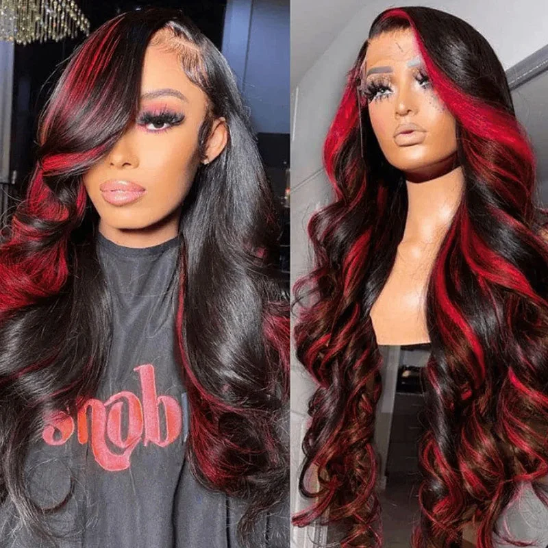 Colored wig with a pre - bleached knot for a natural - looking scalpRed Highlight Wig Body Wave 13x4 HD Lace Front Wigs Ombre Glueless Wig 180% Density