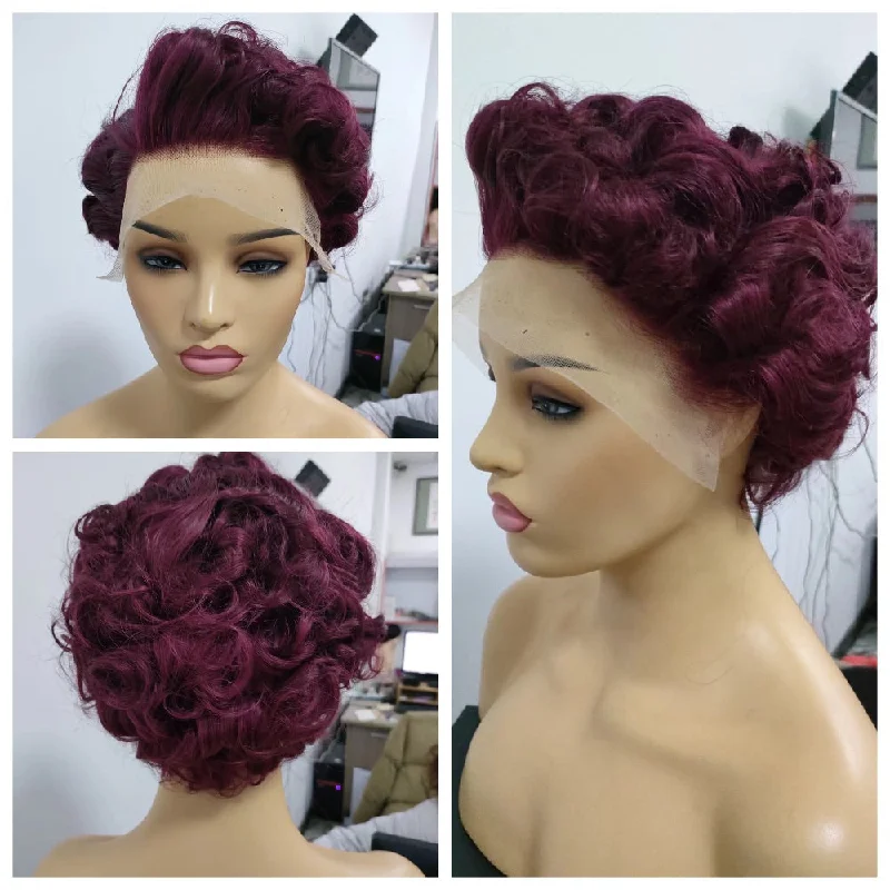 Colored wig with a purple - violet shade for a regal and elegant lookRed Short Pixie Cut Wigs Human Hair Lace frontal wig for Black Women