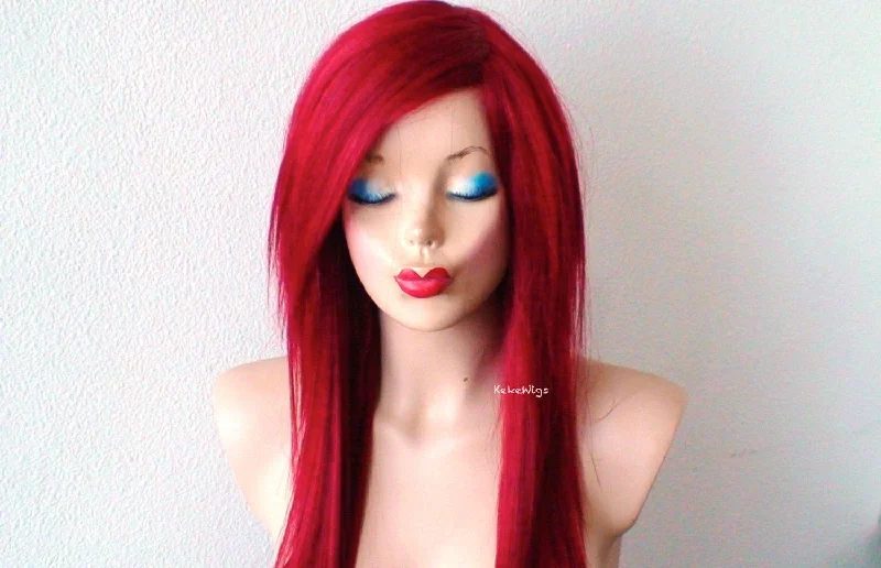 Adjustable - cap colored wig for a comfortable fit28" Wine Red Long Straight Layered Hair Long Side Bangs Wig