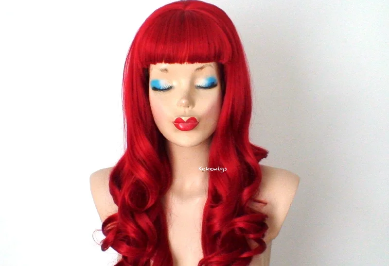 Synthetic colored wig with a heat - resistant formula for easy styling28" Red Long Curly Hair with Bangs Wig