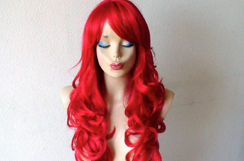 Colored wig with a silver - grey color for a trendy and cool - toned look24" Red Curly Hair Side Bangs Wig