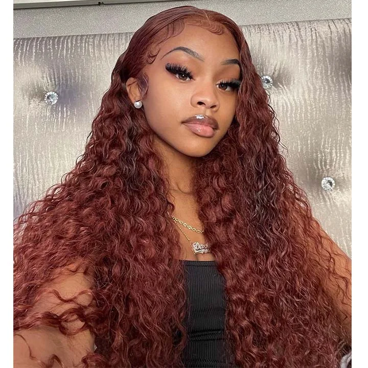 Synthetic colored wig with a heat - resistant formula for easy stylingReddish Brown Colored Deep Wave Lace Front Wig Pre Plucked Human Hair Wigs