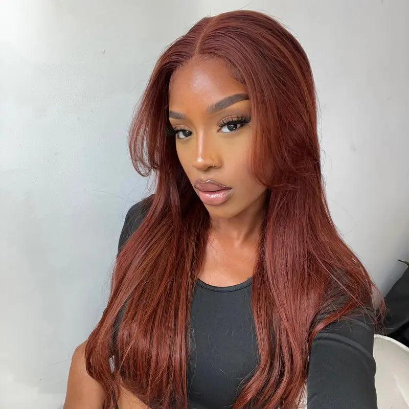 Colored wig with a red - orange hue for a warm and energetic look7x5 Glueless Wig Wear Go Reddish Brown Colored Straight Human Hair