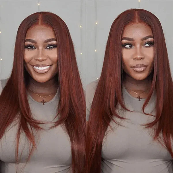 Colored wig with a natural - looking root for a more realistic lookReddish Brown Straight Hair Wear Go Glueless Wigs Pre-cut Lace Wigs