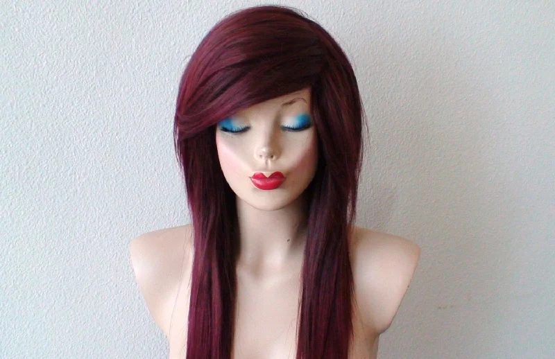 Colored wig with a middle - part for a classic and elegant style28" Burgundy Red Ombre Long Straight Layered Hair Long Side Bangs Wig. Scene wig. Emo wig.