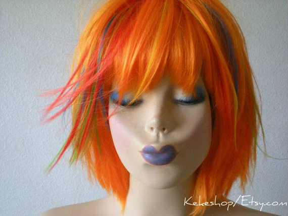 Colored wig with a pre - plucked hairline for a more natural look14" Orange Rainbow Straight Short Hair Wig