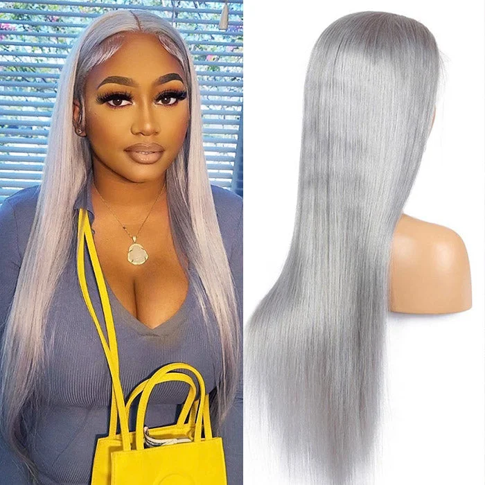 Adjustable - cap colored wig for a comfortable fitSilver Color Straight Lace Front Wig 13x4 Straight Human Hair Glueless Wigs Silver Gray Wig