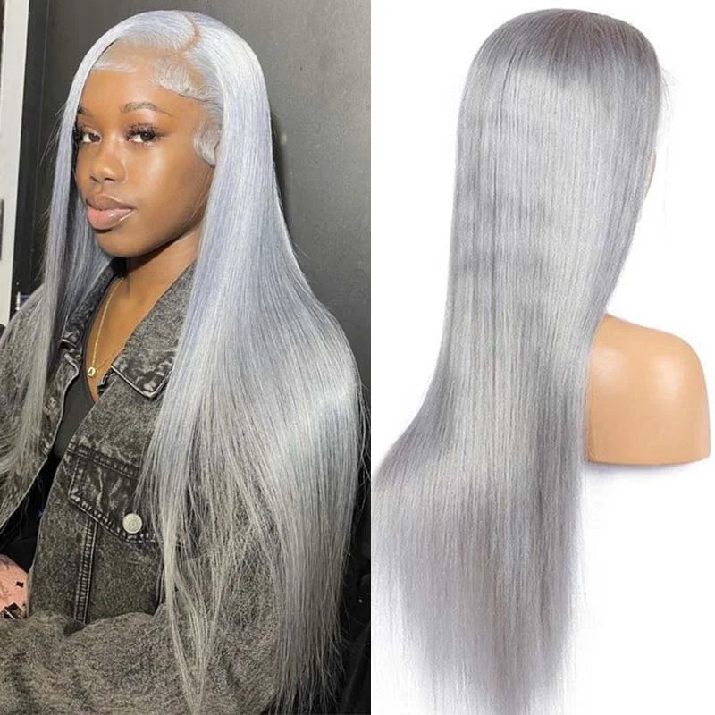 Colored wig with a purple - violet shade for a regal and elegant lookOneMore Silver Grey Wigs Straight Hair Lace Front Wig HD Transparent Silver Color Lace Wig