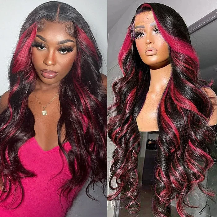 Colored wig with a side - part for a more flattering appearanceSkunk Strip Burgundy Highlight Body Wave Lace Front Wig 13x4 Glueless Body Wave Human Hair Wig