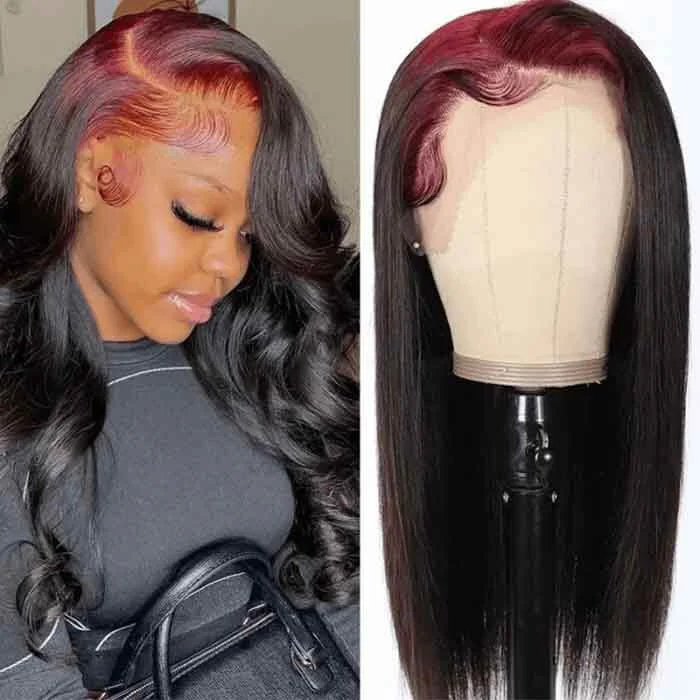 Colored wig with a 150 - density for a full and thick appearanceSkunk Stripe Burgundy Hair Roots with Black Color Human Hair Wig Ombre 13x4 Lace Front Wig