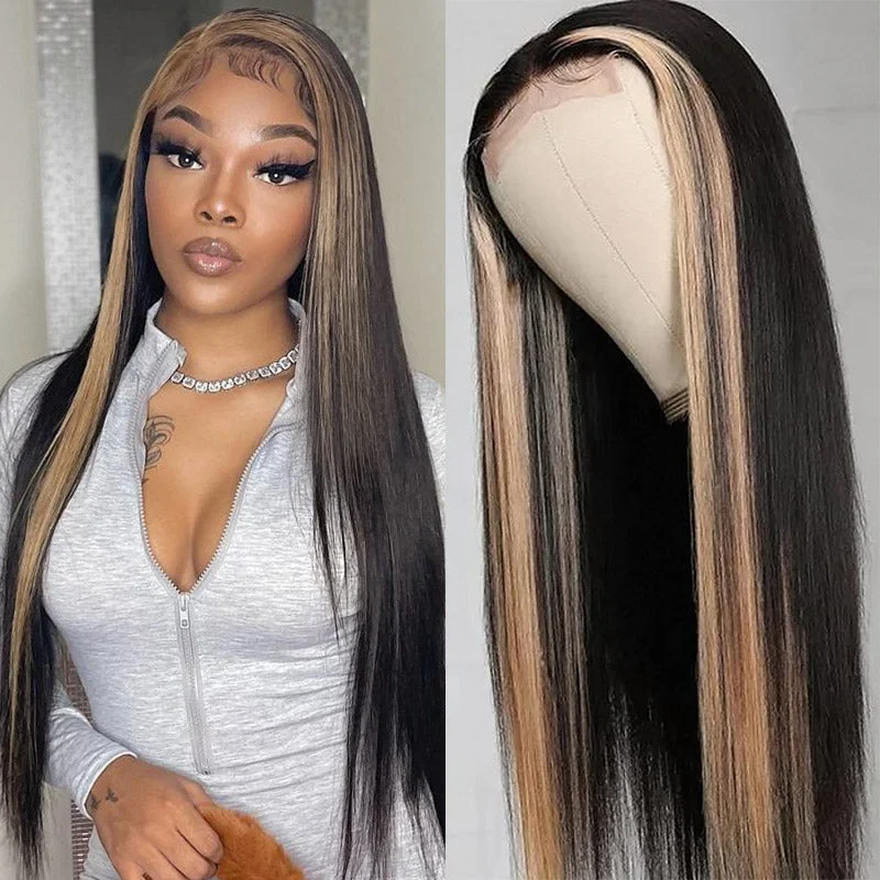 Colored wig with a red - orange hue for a warm and energetic lookSkunk Stripe Wig 13x4 Straight Lace Front Wig Honey Blonde Highlight  Glueless Straight Human Hair Wigs