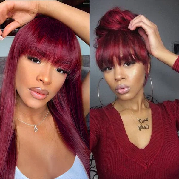 Colored wig with a straight texture for a sleek and minimalist look99J Straight Human Hair Machine Made Wigs With Bangs Burgundy Color Glueless Wigs