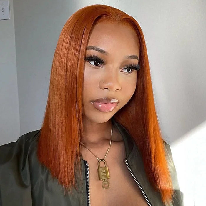 Colored wig with a side - swept bang for a sophisticated lookStraight Lace Front Wig Ginger Orange Color Glueless Straight Wigs Neck Length Wig