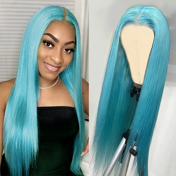 Colored wig with a pre - bleached knot for a natural - looking scalp13x4 Lace Wig Sky Blue Colored Wig Straight Human Hair Wigs Light Blue Color Glueless Straight Wig