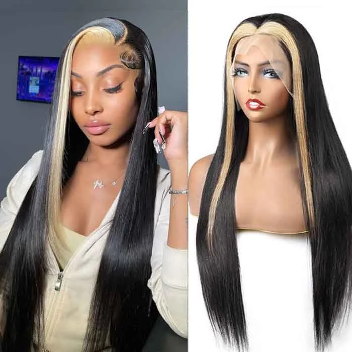 Human - hair colored wig for a natural and luxurious feelBlack and Blonde Hair Transparent Lace Front Hair Wig Straight Hair Skunk Stripe Wig for Women