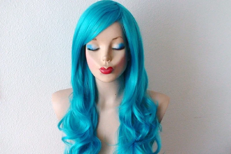 Colored wig with a side - swept bang for a sophisticated look26" Teal Blue Long Curly Hair Long Side Bangs Wig