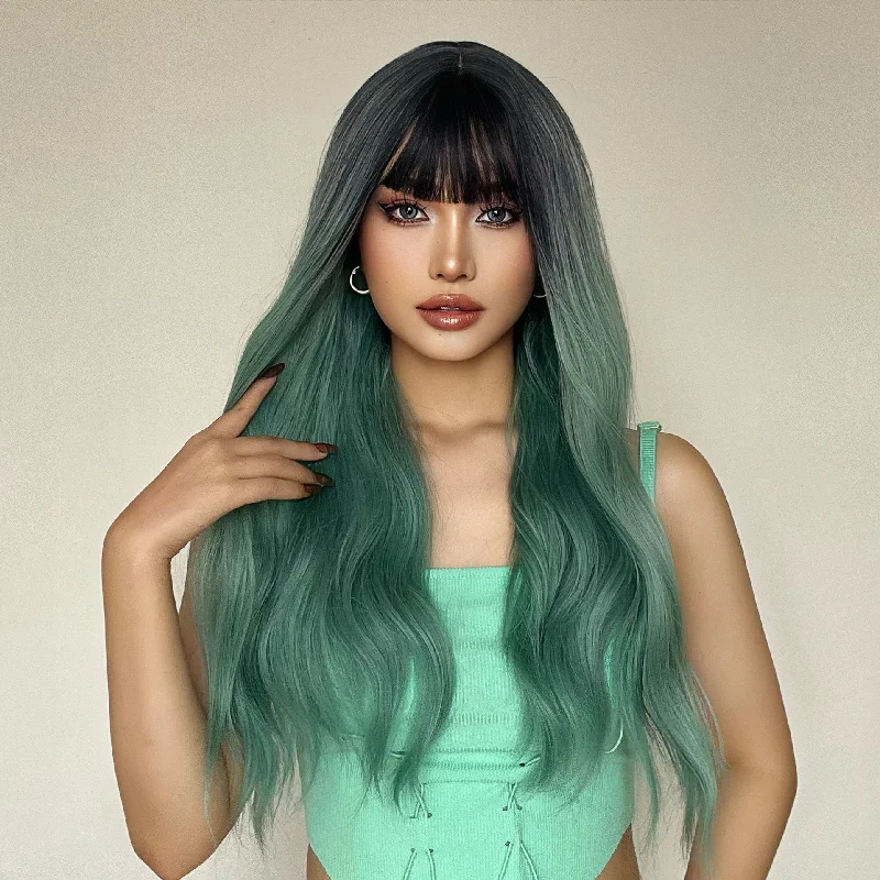 Colored wig with a pre - plucked hairline for a more natural lookTiffany Blue Soft Curls Synthetic Wigs - Sejal