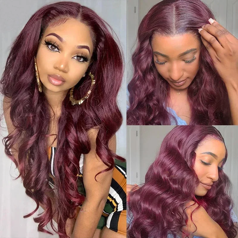 Colored wig with a pre - bleached knot for a natural - looking scalpTrendy Dark Purple Plum Colored Wigs 13×4 Transparent Lace Front Silky Straight/Body Wave Wig