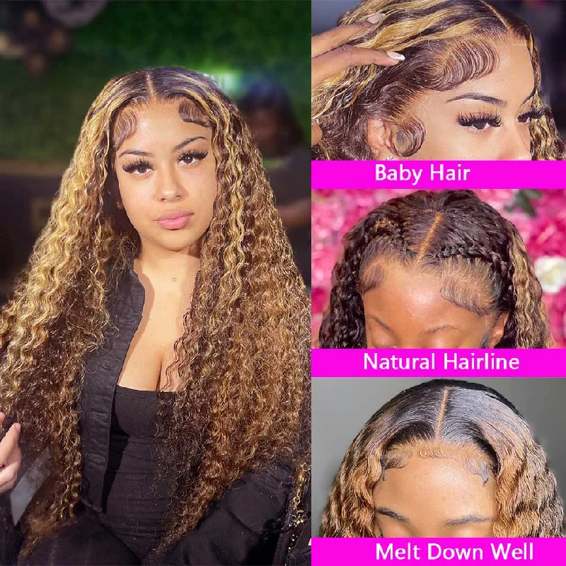 Human - hair colored wig for a natural and luxurious feelHighlight Curly Wigs 13x4 5x5 HD Lace Front Closure Colored Human Hair Wigs 180% Density