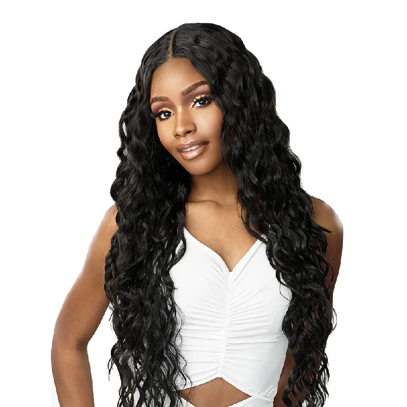 Colored braided wigs with a rainbow ombre effectSensationnel Loose Curly 32" Butta Lace Human Hair Blend Lace Wig