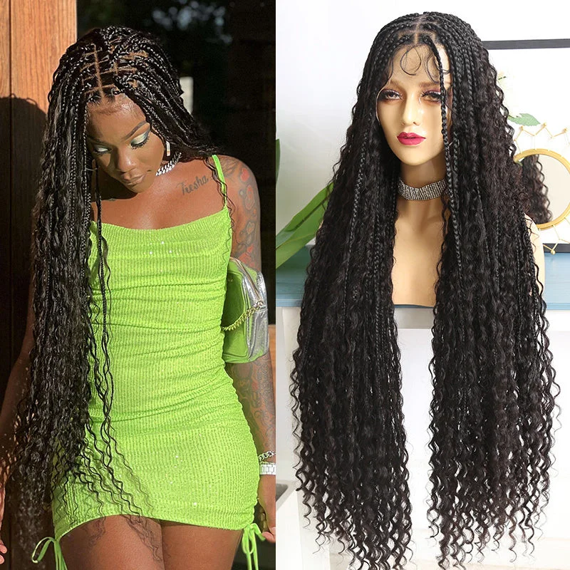 Braided wigs with a side - part for a flattering lookDiamond Transparent Lace Wig Crochet Knotless Bohemian Braided Wig with Burmese Human Hair Curls