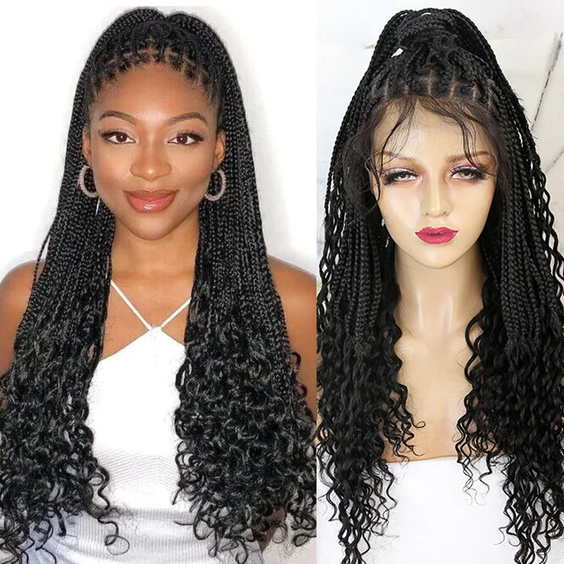 Long - length braided wigs for a glamorous and voluminous styleDiamond Transparent Lace Wig Crochet Knotless Curly Ends Braided Wig with Burmese Human Hair Curls