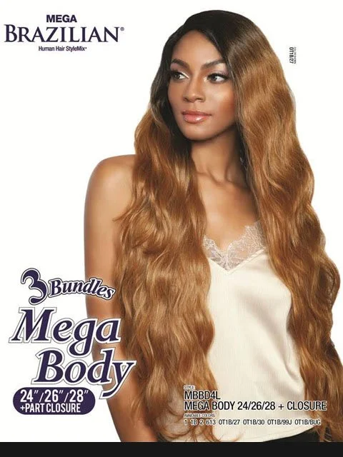 Box braided wigs with jumbo size for a bold lookMane Concept Mega Brazilian Multi Pack MEGA BODY WAVE Weave 3pc (24/26/28) + Closure MBBD4L