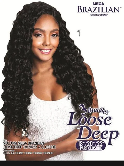 Braided wigs with a natural - looking scalp for a more realistic finishMane Concept Mega Brazilian Multi Pack MEGA LOOSE DEEP Weave 3pc with Closure 18-20-22 MBLD4M