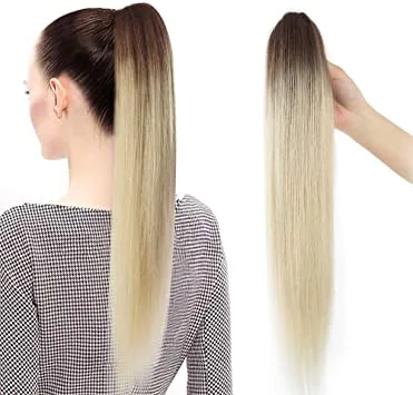 Ponytails with a pre - attached bow for a cute and girly lookBrown to blonde ombre straight ponytail