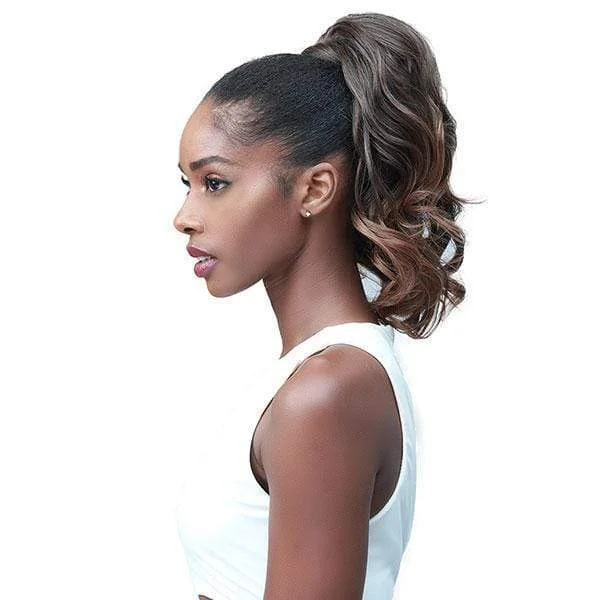 Ponytails with a side - swept bang for a flattering and stylish lookBobbi Boss Miss Origin Tress Up Human Hair Blend Ponytail - MOD005 LOOSE CURL 14"