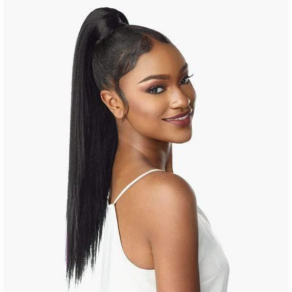 Ponytails with a side - swept bang for a flattering and stylish lookSensationnel Synthetic Ponytail Instant Pony Wrap - STRAIGHT 24"