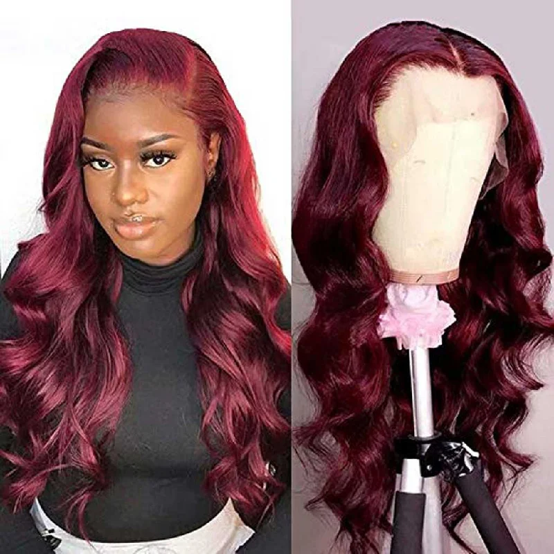 Wavy wig in a chocolate - brown color for a rich and warm appearanceULit Hair 99J Burgundy Red Color Body Wave 13X4 Lace Front Wig 4x4 Lace Closure Wigs