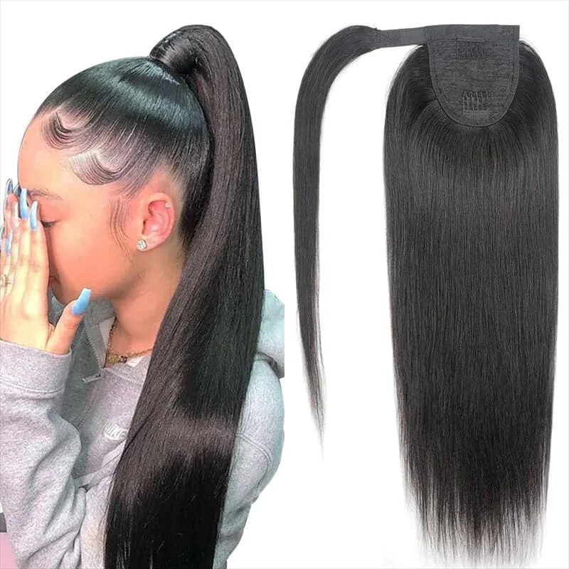 Black - colored ponytails for a classic and timeless appearanceWrap Around Ponytail Silky Straight Brazilian Human Hair