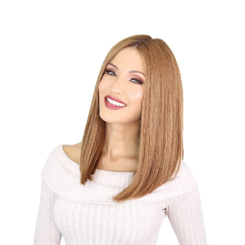 Medium - length wig with a silk - base cap for a comfortable and smooth feel19" Nicole Silk Top Wig Strawberry Blonde w/ Rooting