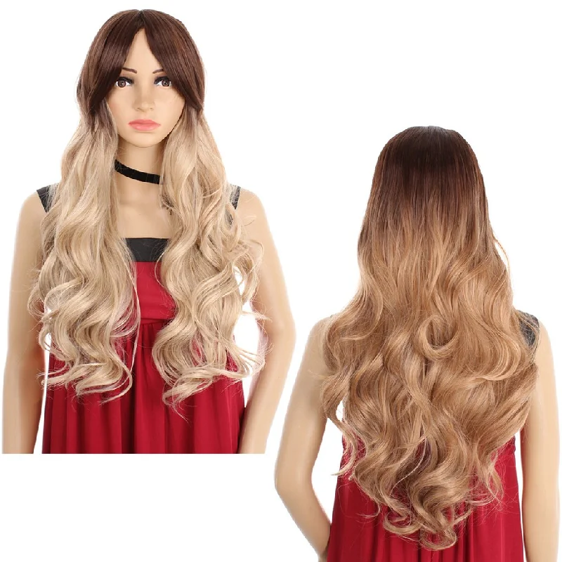 Long - length wig with a curly fringe for a playful and youthful vibe24Inch Synthetic Body Wave Long Wig Black Brown Ombre Natural Curly Hair Wig For Woman Cospaly Hairs